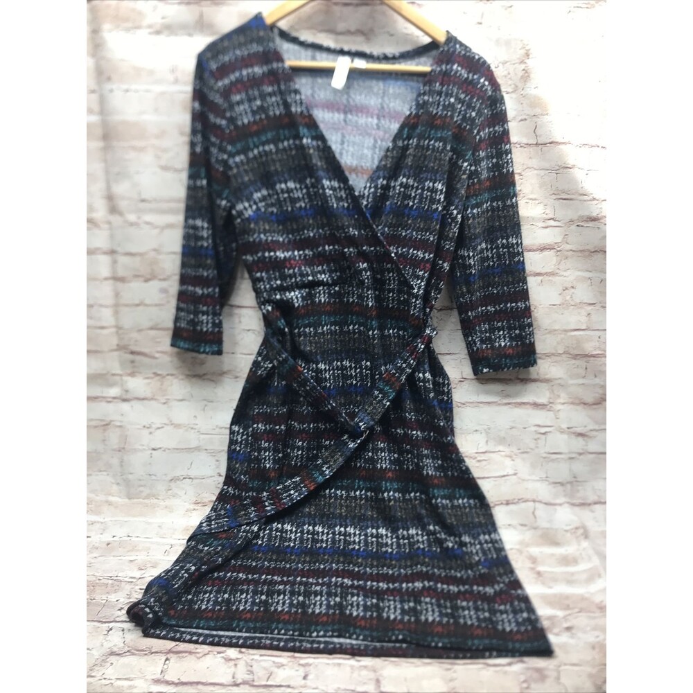 Tacera Women Dress Size Large Wrap Look Multicolor 3/4 Sleeve Belted